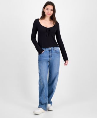 Juniors' Solid V-Neck Rib Knit Long Sleeve