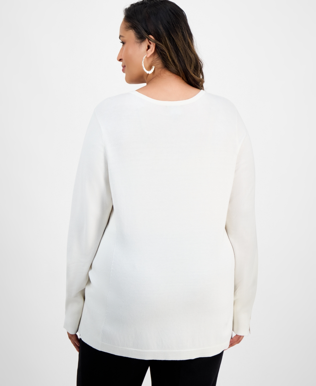 Jm Collection Plus Size Crewneck Long-sleeve Sweater, Macy's Exclusive In White