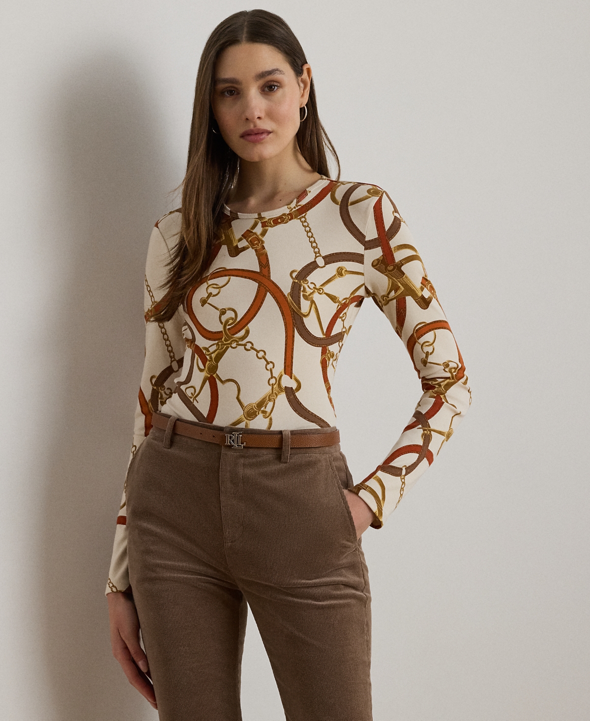 Ralph Lauren Petite Belting-print Cotton Long-sleeve Tee In Neutral