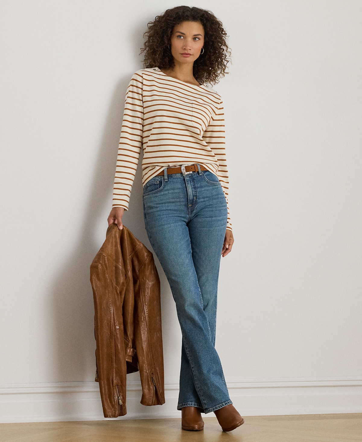 Ralph Lauren Petite Striped Jersey Snap-trim Boatneck Top In Multi