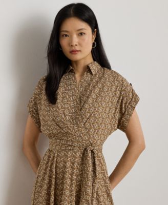 Petite Geo-Print Belted Crepe Dress