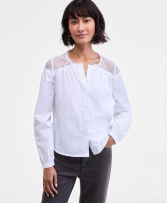 On 34th - Women's Cotton Round-Neck Lace-Trim Blouse