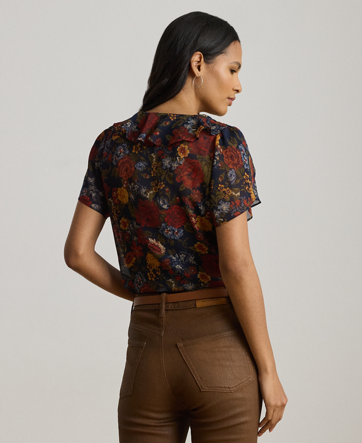 Lauren Ralph Petite Floral Ruffle-Trim Georgette Blouse
