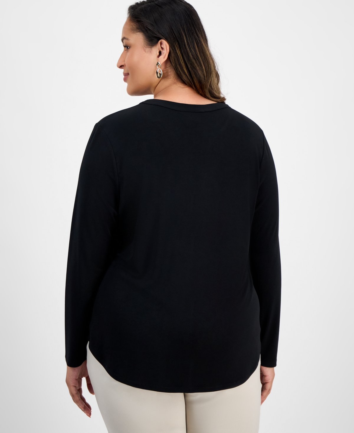 Jm Collection Plus Size Solid V-neck Long-sleeve Top, Macy's Exclusive In Black