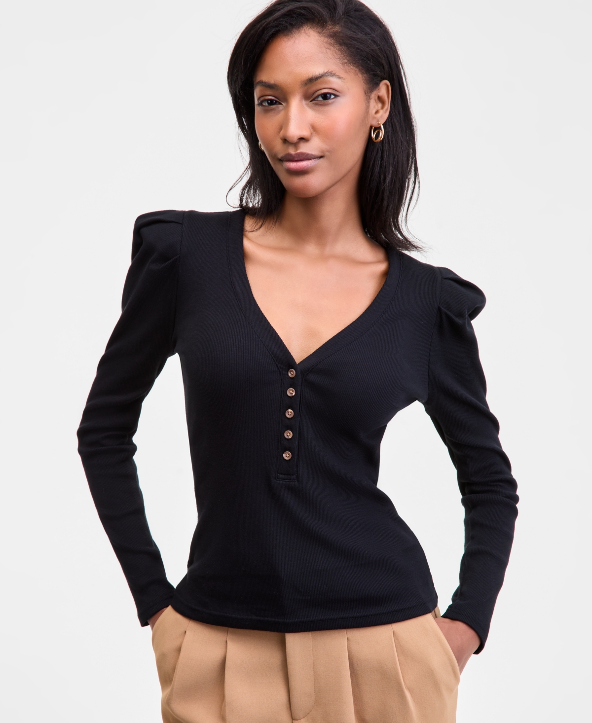 On 34th Womens Puff Shoulder Long Sleeve Henley T Shirt Xxs 4x Macys Exclusive In Black