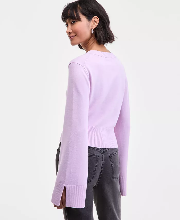Women's Split-Cuff Crewneck Cropped Cardigan - thumbnail 2