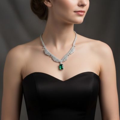 White Gold Plated with Rectangular Green Cubic Zirconia Pendant Necklace