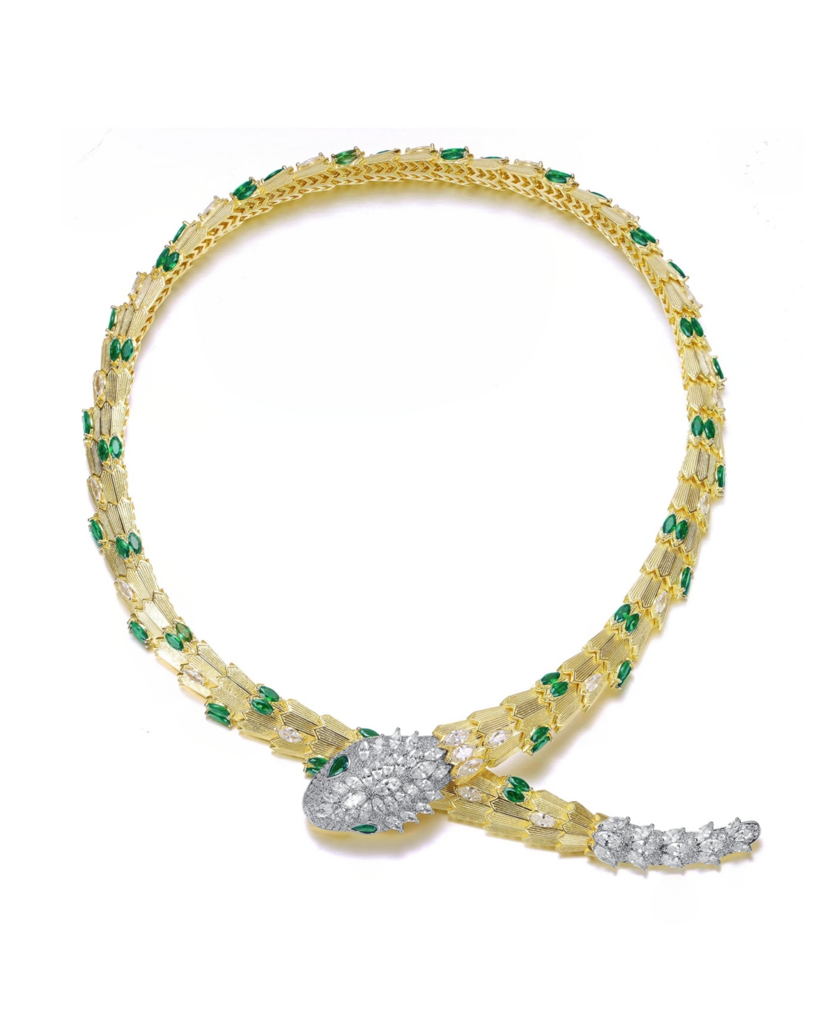 14K Gold Plated with Green Cubic Zirconia Snake-Inspired Collar Necklace - Gold