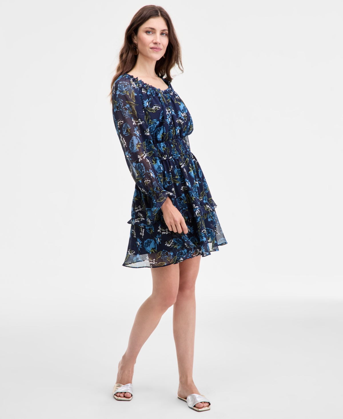 On 34th Women's Printed Smocked Ruffle Chiffon Mini Dress, Macy's Exclusive In Blue