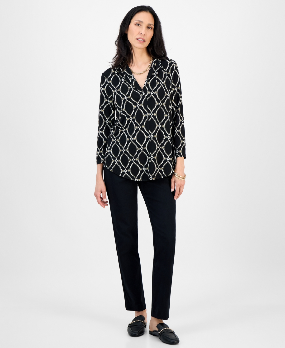 Jm Collection Petite Anita Ornate Printed 3/4-sleeve Top, Macy's Exclusive In Black