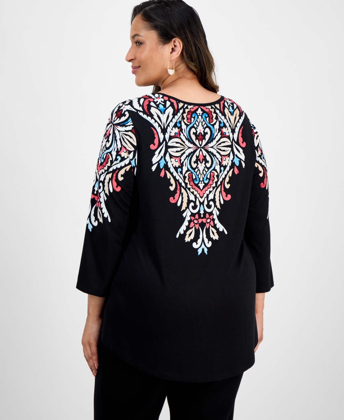 Jm Collection Plus Size Printed Scoop-neck 3/4-sleeve Top, Exclusively At Macy's In Black