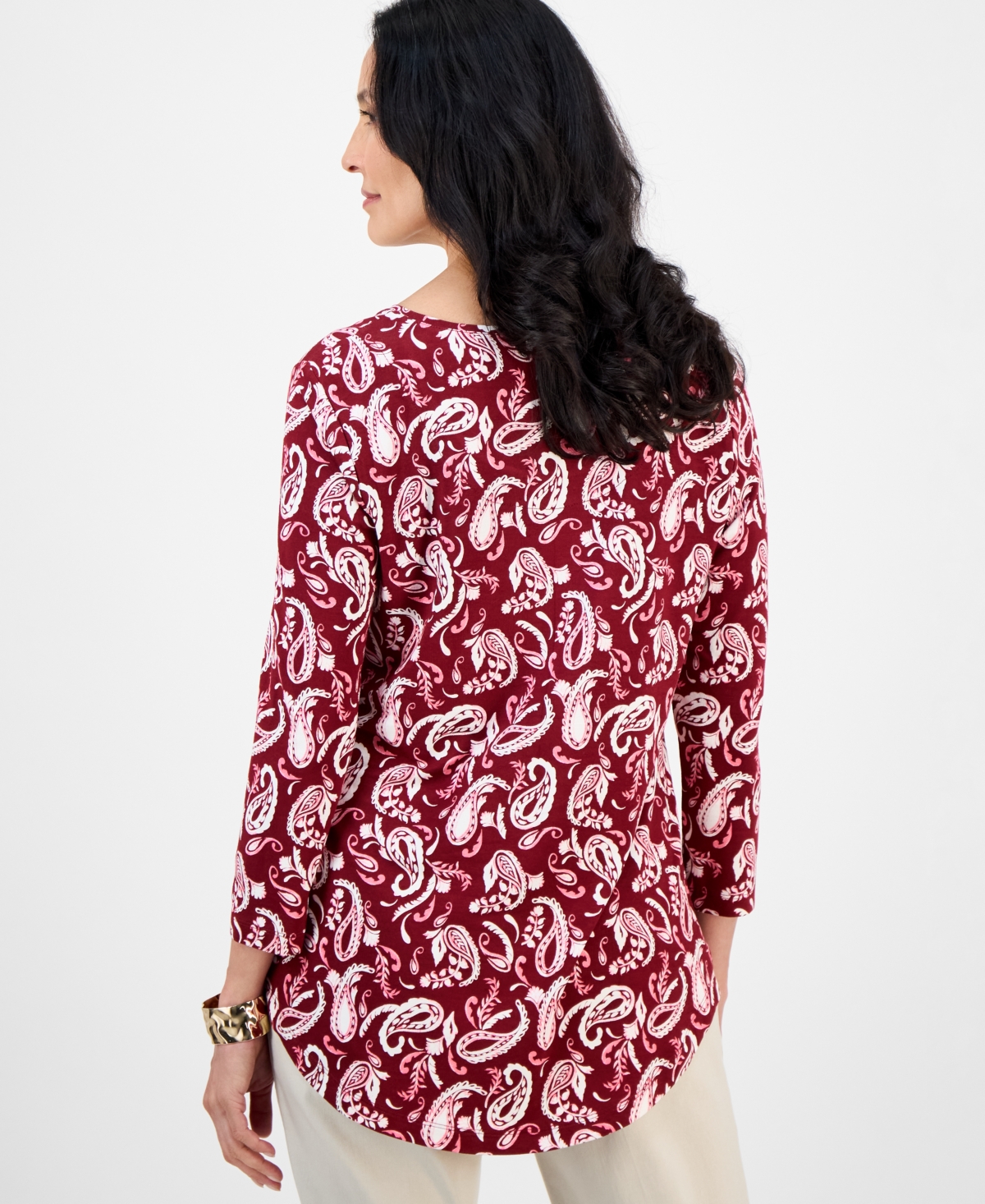 Jm Collection Petite Paisley Print Scoop-neck 3/4-sleeve T-shirt, Macy's Exclusive In Red