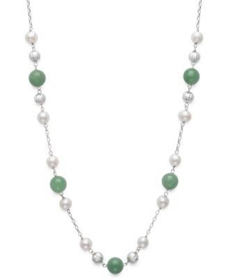 2-Pc. Set Dyed Green Jade & Cultured Freshwater Pearl (6-7mm) Collar Necklace & Bracelet in Sterling Silver