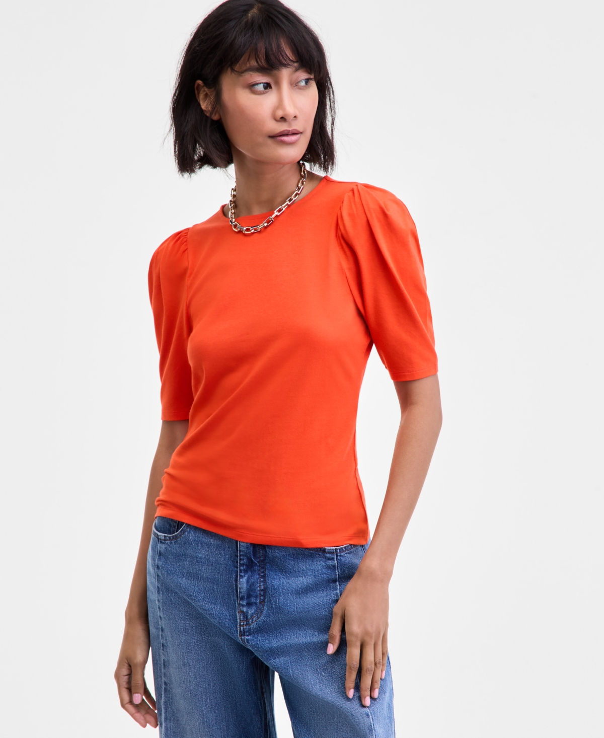 On 34th Trendy Plus Ruched Puff-sleeve Crewneck Top In Orange