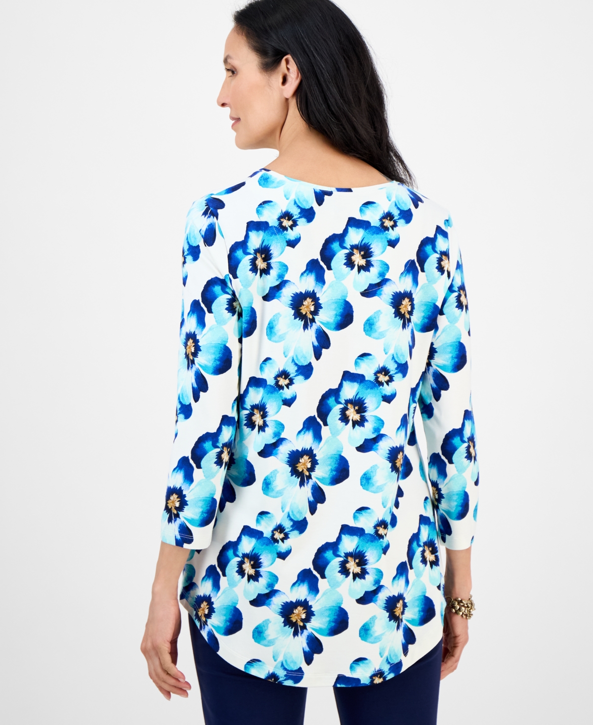 Jm Collection Women's Printed Scoop-neck 3/4-sleeve Top, Exclusively At Macy's In Blue