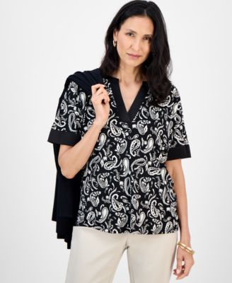 Women's Printed Short-Sleeve Satin-Trim Top, Exclusively at Macy's