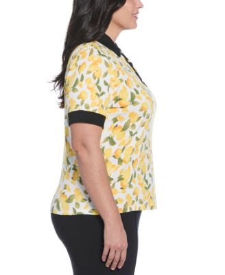 Plus Size Lemon Print Buttoned Elbow Length Sleeve Polo T-Shirt