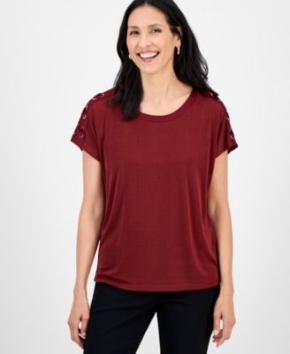 JM Collection - Women's Lace-Up Shoulder Jersey T-Shirt