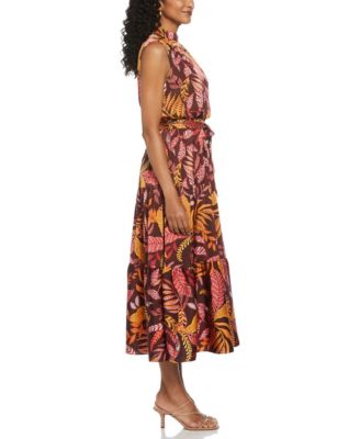 Petite Leaf Print Belted Sleeveless Dress