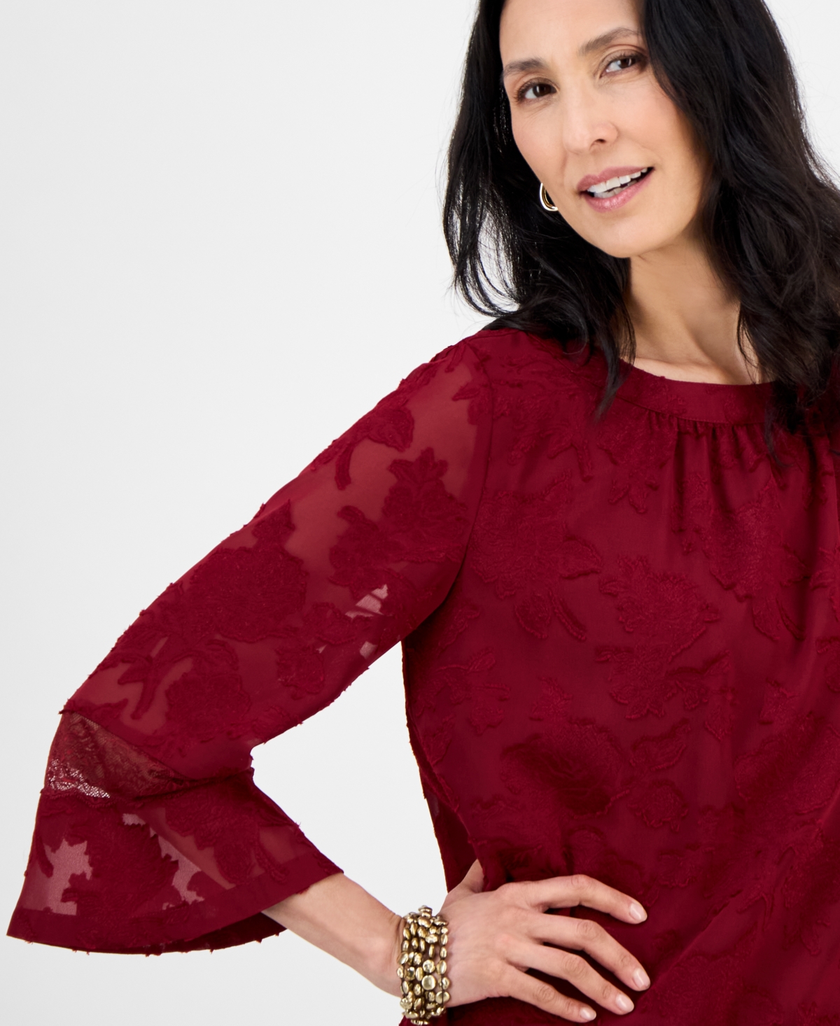 Jm Collection Women's Jacquard Lace-trim Blouse, Exclusively At Macy's