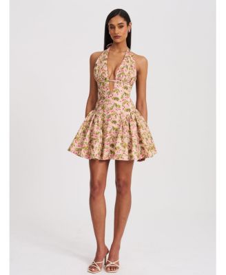 Women's Mackenzie Green and Pink Floral Print Halter Linen Mini Dress