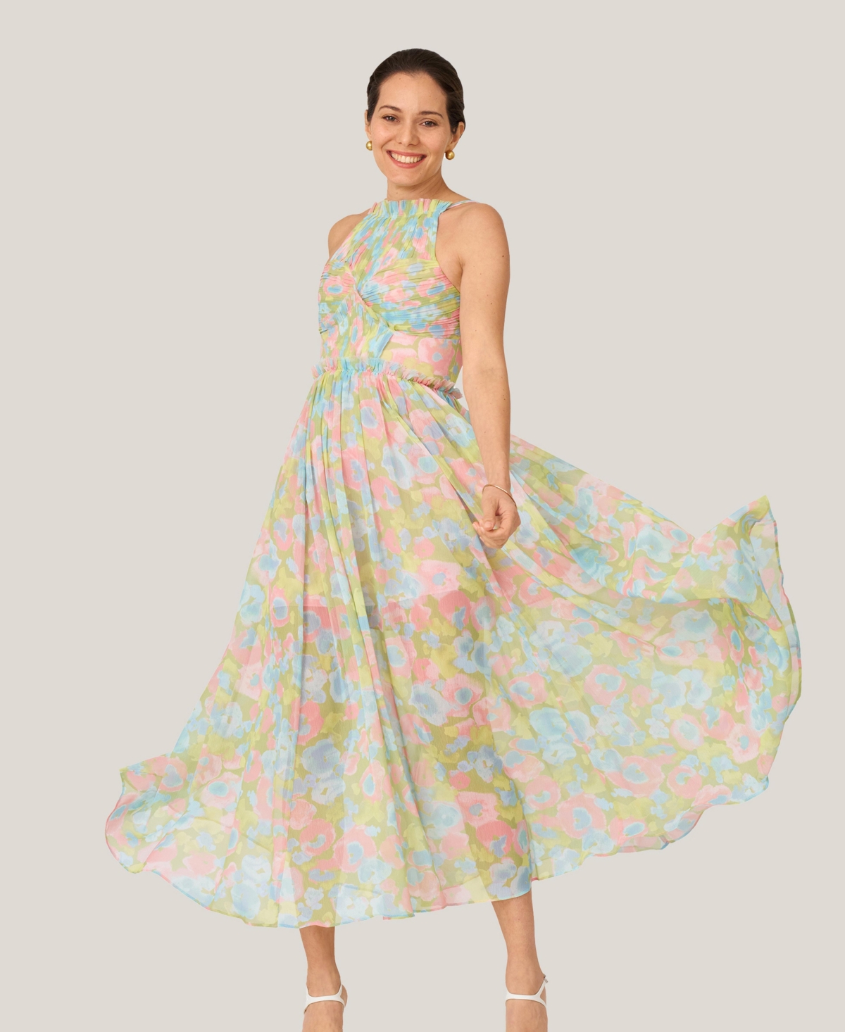 Women's Floral Pleated Bodice Halter Midi Dress - Green flower stain