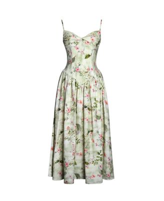 Women's Jacinda Green Floral Print Ruched Breast Linen Midi Dress