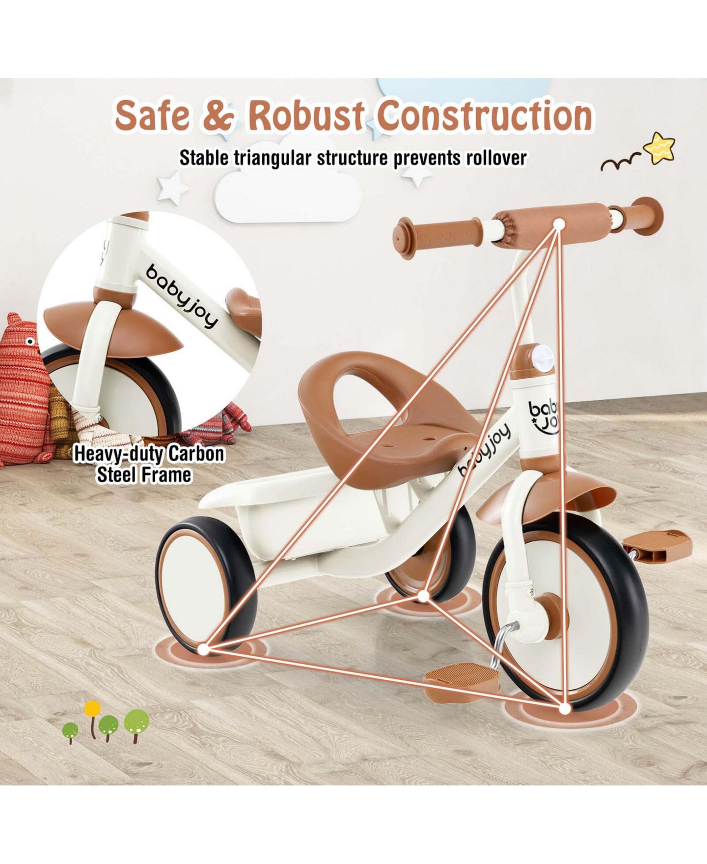 Детская игрушка Costway Toddler 3-Wheel Tricycle with Storage Basket and Adjustable Seat, 55 lb. Capacity, Ages 3-5, цвет: Бежевый / Хаки — фото 9