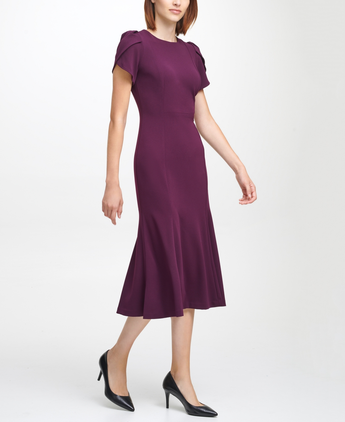 Calvin Klein Tulip Sleeve Crepe A-line Midi Dress In Purple