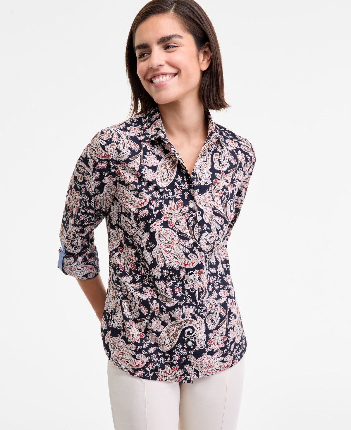 Nautica Jeans Women's Cotton Paisley-print Roll-tab Shirt In Multi