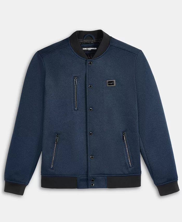 Men's Textured Varsity Zip Bomber Jacket - thumbnail 6