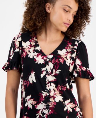 AK Anne Klein Petite Ruffled-Sleeve Floral-Print Blouse - Macy's