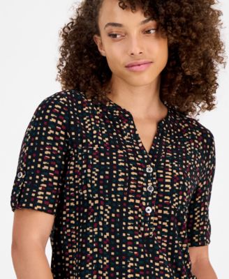 Petite Printed Rolled-Sleeve Button-Front Top