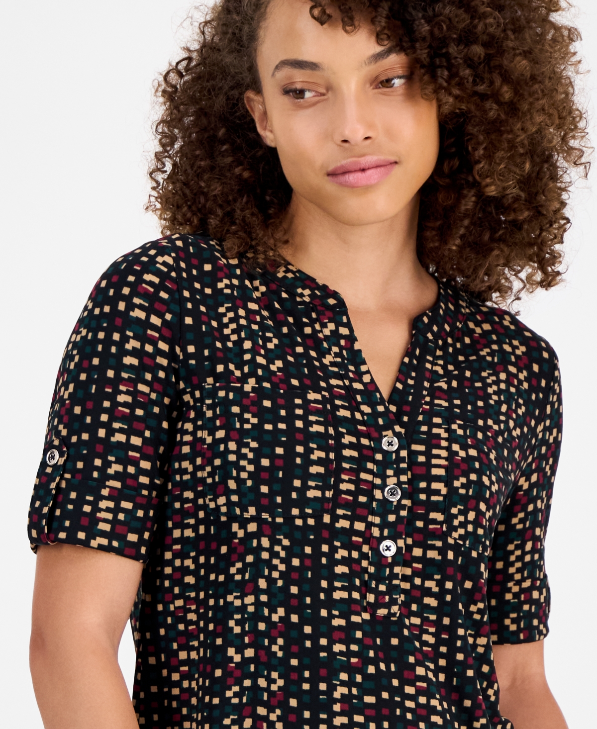 Ak Anne Klein Petite Printed Rolled-sleeve Button-front Top In Multi