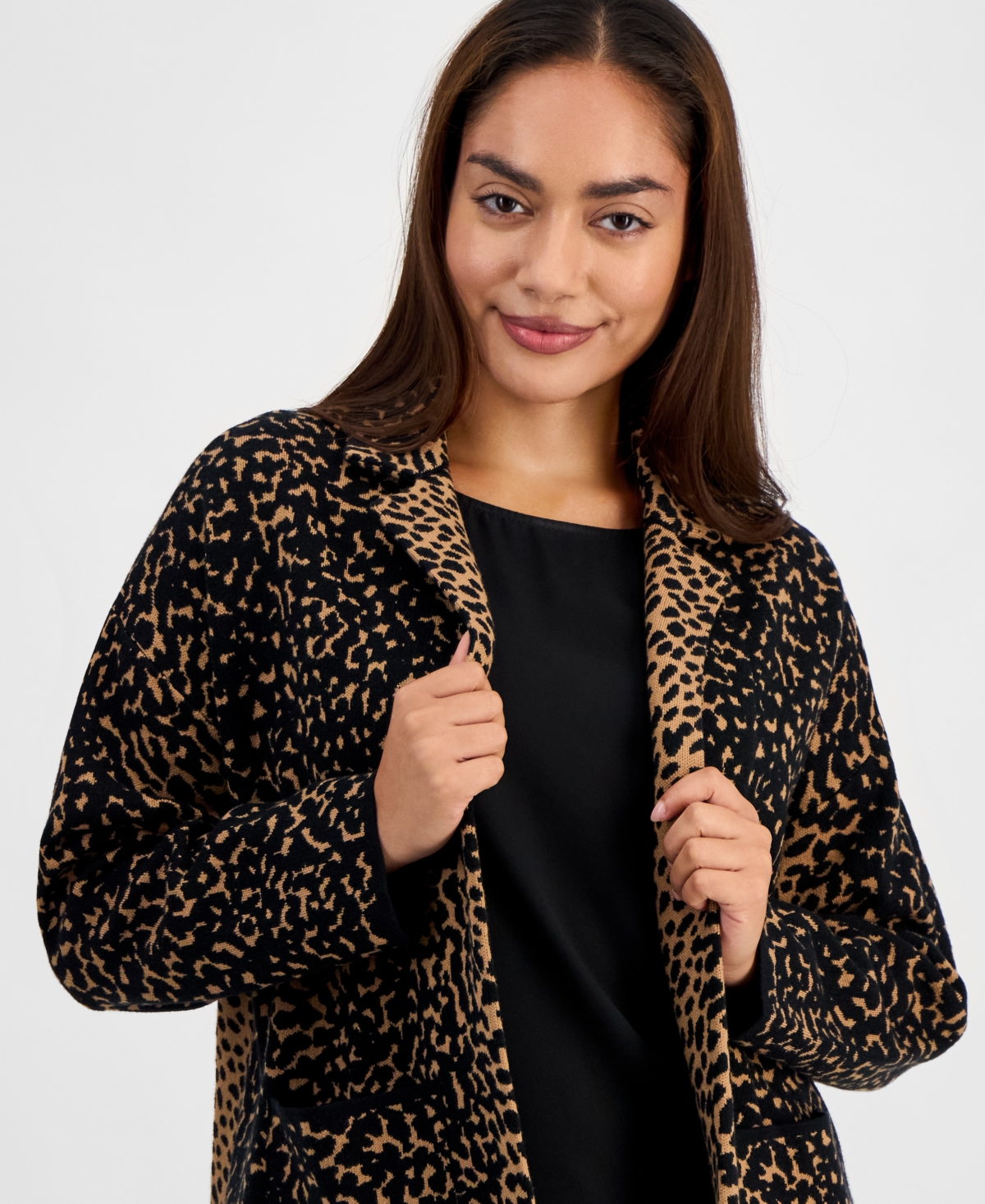 Ak Anne Klein Petite Animal-print Notched Collar Blazer In Brown