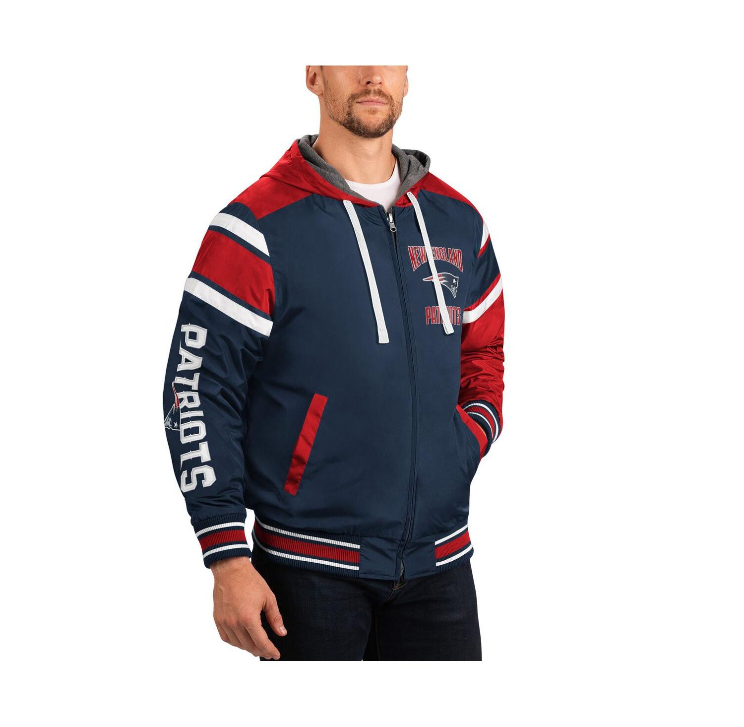 Men's Navy/Gray New England Patriots Extreme Full Back Reversible Hoodie Full-Zip Jacket