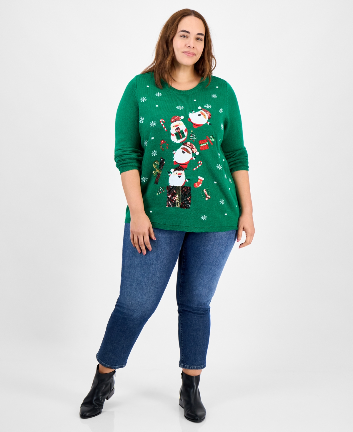 Holiday Lane Plus Santa Embellished Crewneck Sweater, Created For Macy's In Green