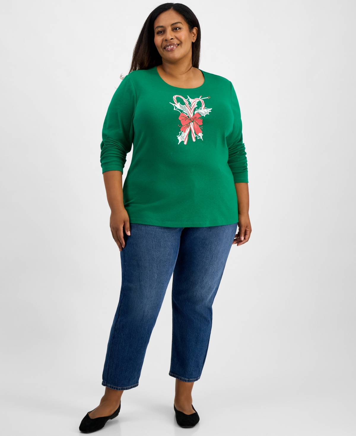 Holiday Lane Plus Size Candy Cane Long-sleeve T-shirt, Macy's Exclusive In Green