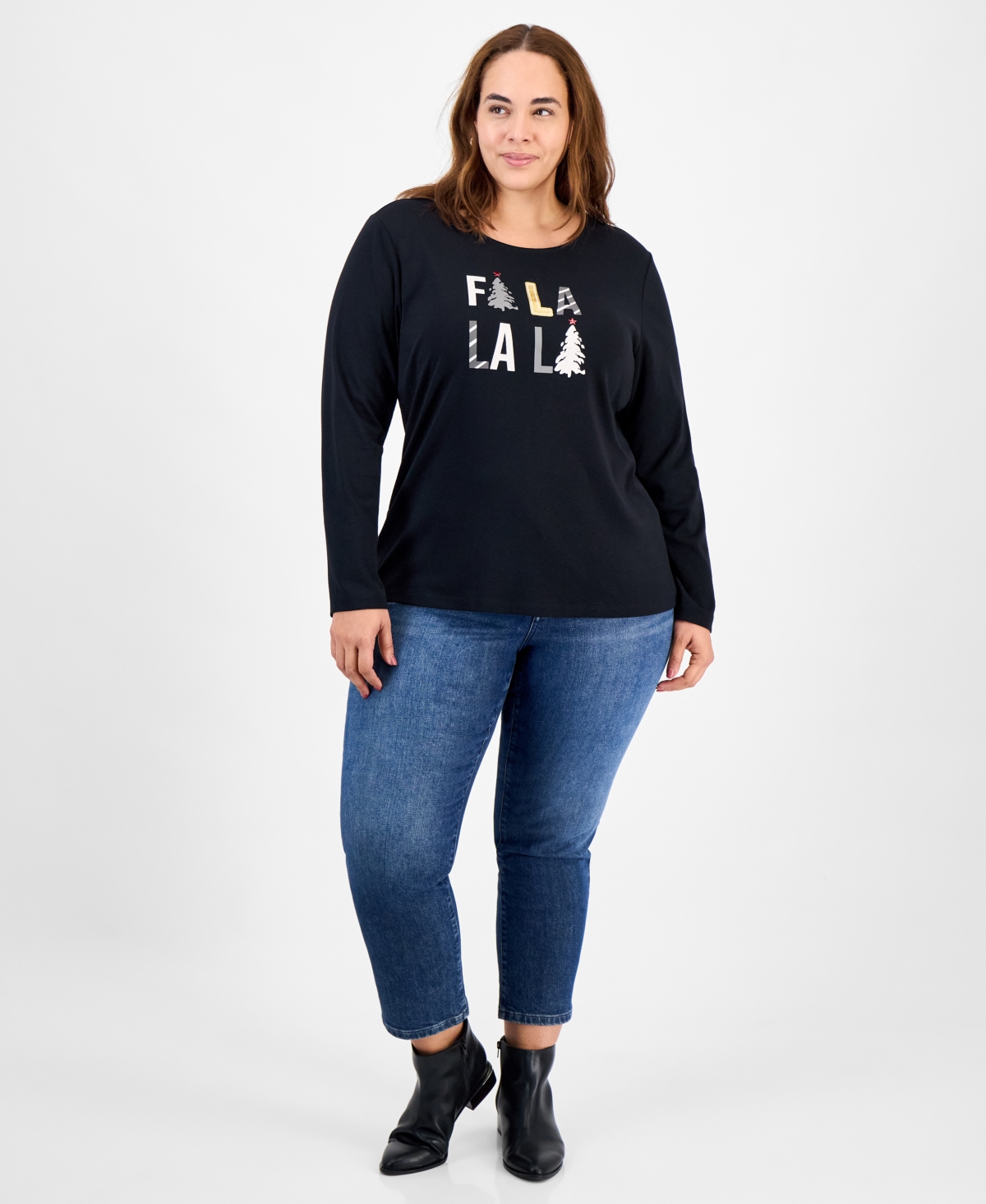 Holiday Lane Plus Size Fa La La La Long-sleeve T-shirt, Macy's Exclusive In Black