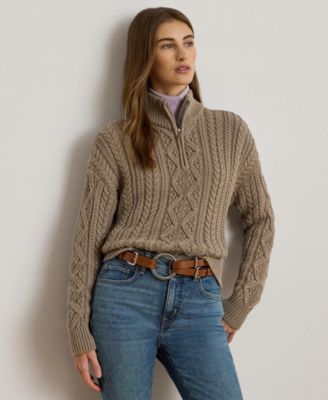 Lauren Ralph Lauren - Women's Aran-Knit Cotton Quarter-Zip Pullover