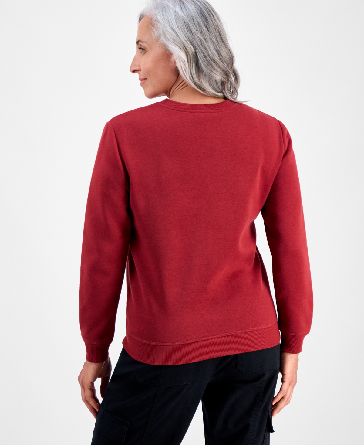 Style & Co Petite Crewneck Long-sleeve Fleece Sweatshirt, Created For Macy's In Burgundy