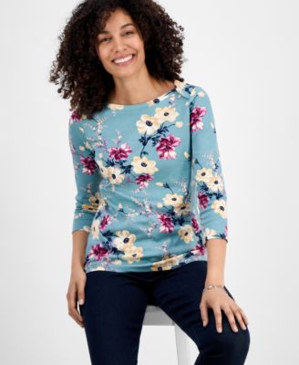 Petite Cotton Floral 3/4-Sleeve Boat-Neck Top, Macy's Exclusive