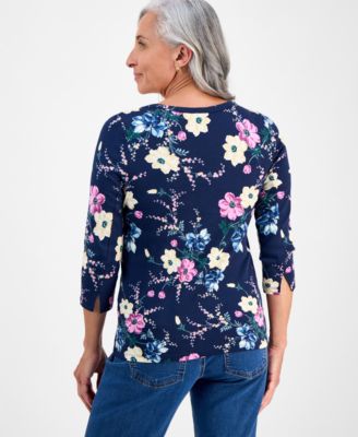 Petite Cotton Floral 3/4-Sleeve Boat-Neck Top, Macy's Exclusive