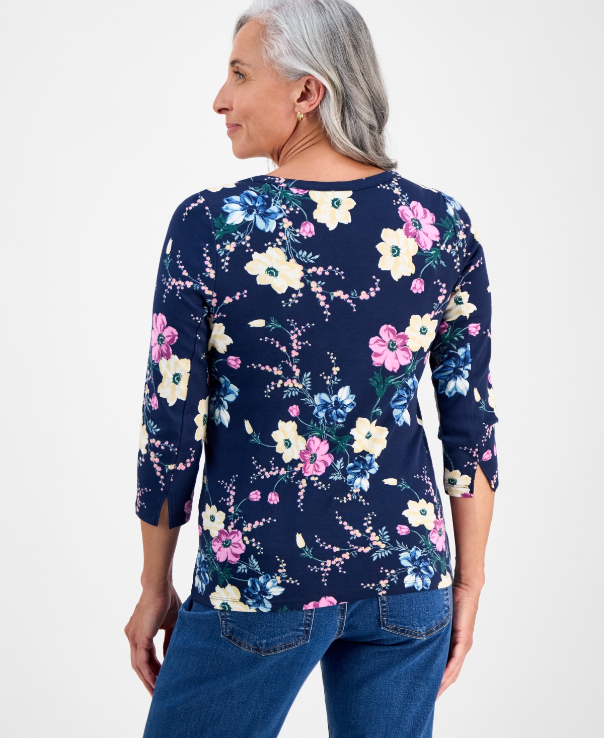 Style & Co Petite Cotton Floral 3/4-sleeve Boat-neck Top, Macy's Exclusive In Blue