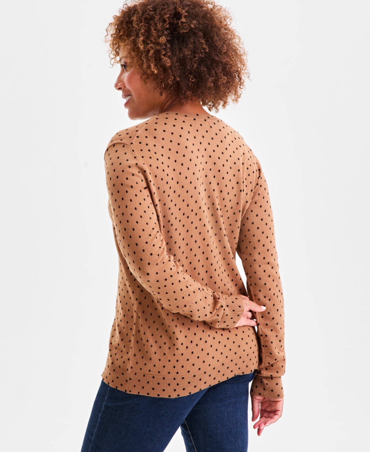 Style & Co Women's Printed Crewneck Button-front Cardigan, Macy's Exclusive In Brown