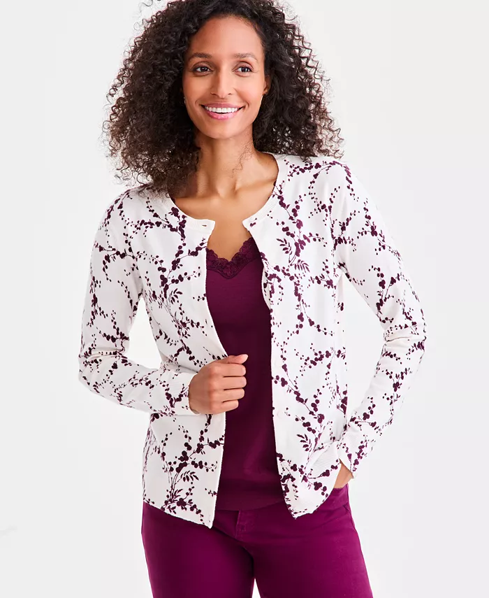 Women's Printed Crewneck Button-Front Cardigan - thumbnail 3