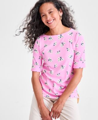 Petite Floral Chintz Boat-Neck Elbow-Sleeve Top, Macy's Exclusive