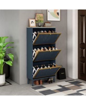 Freestanding Modern Shoe Storage Cabinet 3 Metal Rattan Door Shoe Rack Shoe Cabinet with 3 Flip Drawers for Entryway Living Room, Blue