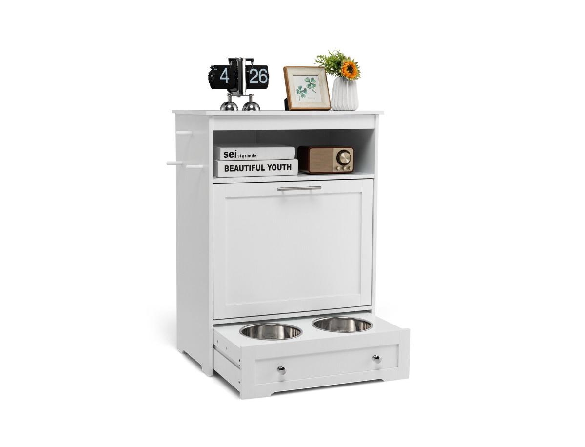 Pet Feeder Station with Stainless Steel Bowl - White