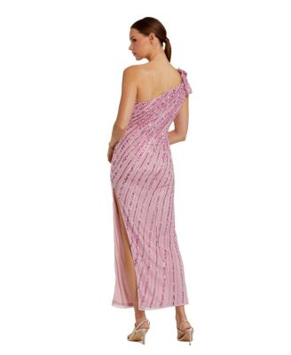 Women's One Shoulder Beaded Mesh Gown With Flower